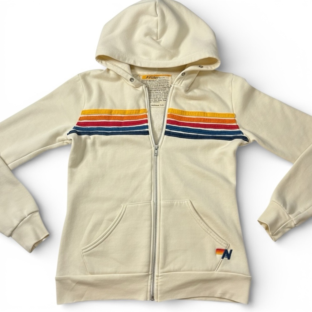 Aviator Nation Vintage Rainbow Stripe Zip Hoodie Cream USA Women’s S - Picture 2 of 16